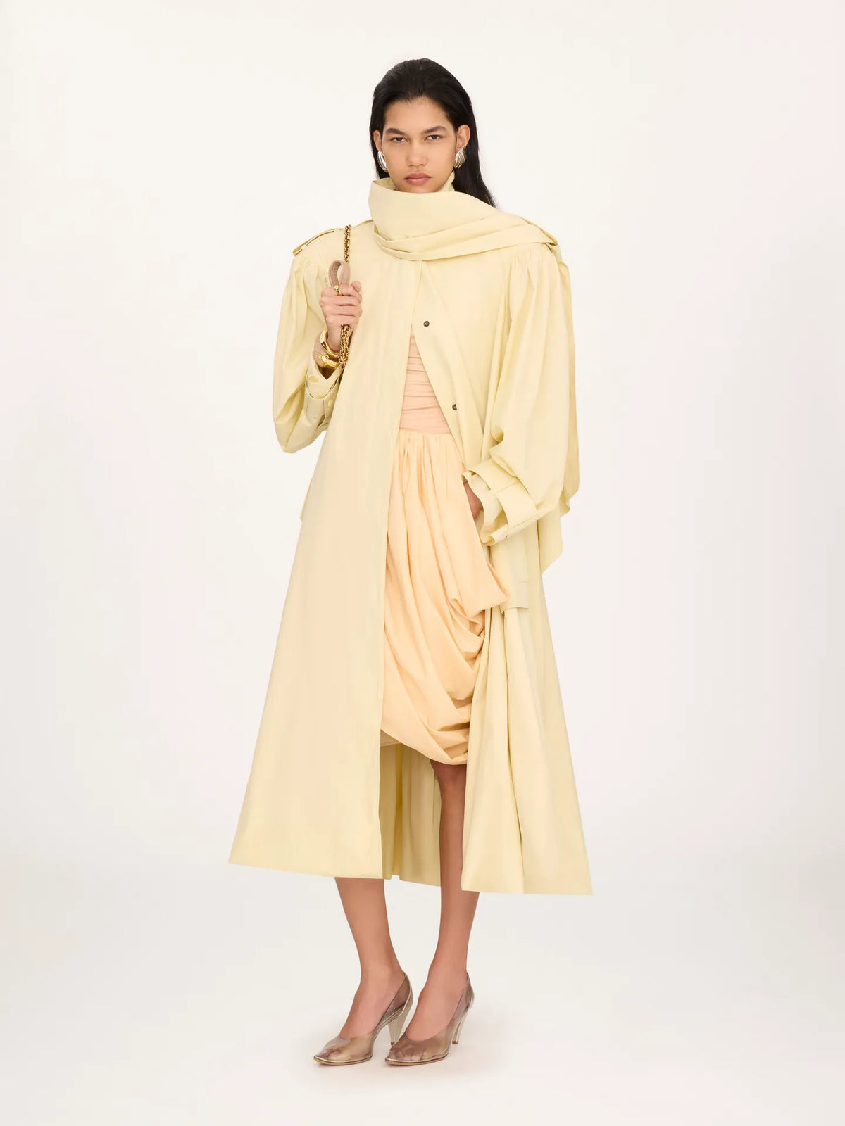 High-neck scarf trench coat in cotton poplin