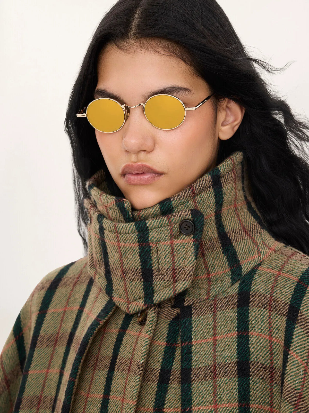 Layered long cape coat in brushed check wool