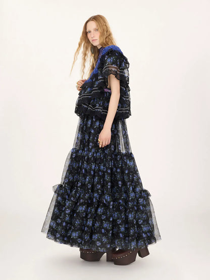 Ruffled long dress in silk mousseline & lace
