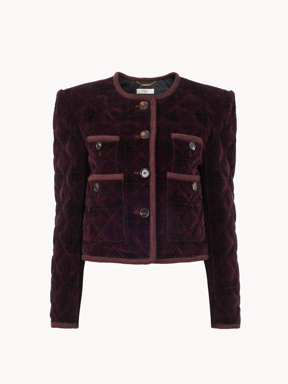 Boxy collarless jacket in check cotton