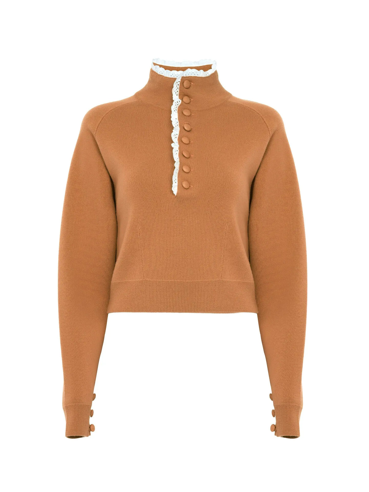 High-neck sweater in a wool knit & lace