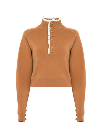 High-neck sweater in a wool knit & lace