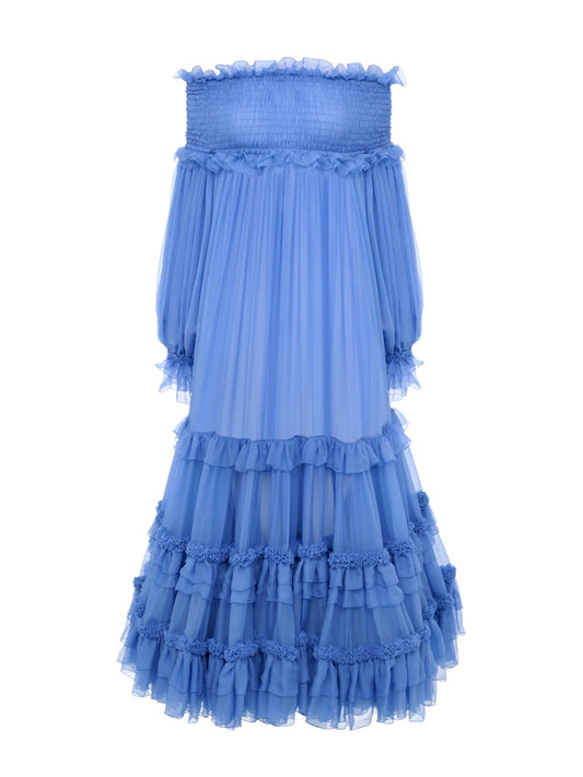 Off-the-shoulder long dress in silk mousseline
