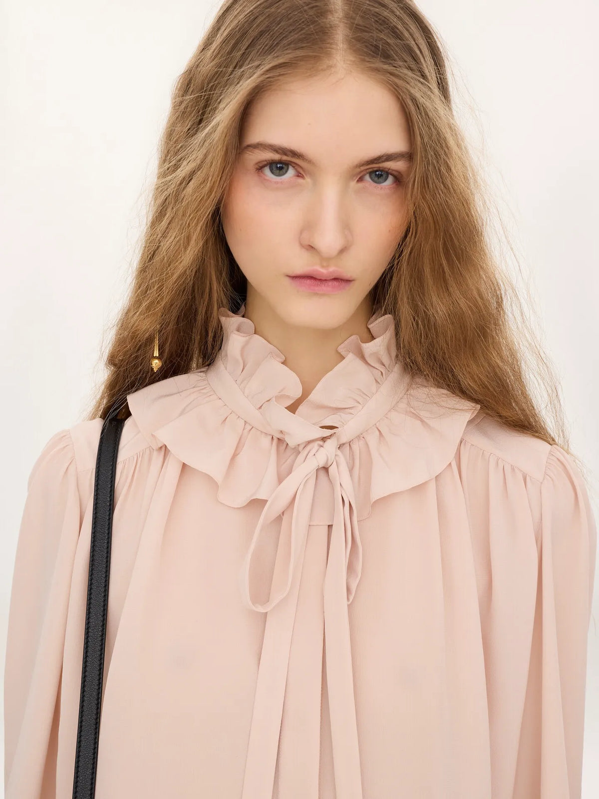 Tie-front ruffled blouse in crêpe de chine