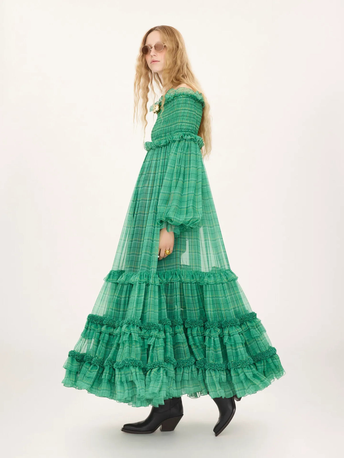 Off-the-shoulder long dress in check silk mousseline
