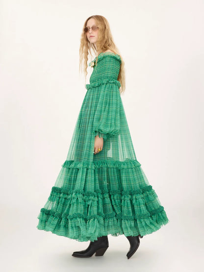 Off-the-shoulder long dress in check silk mousseline