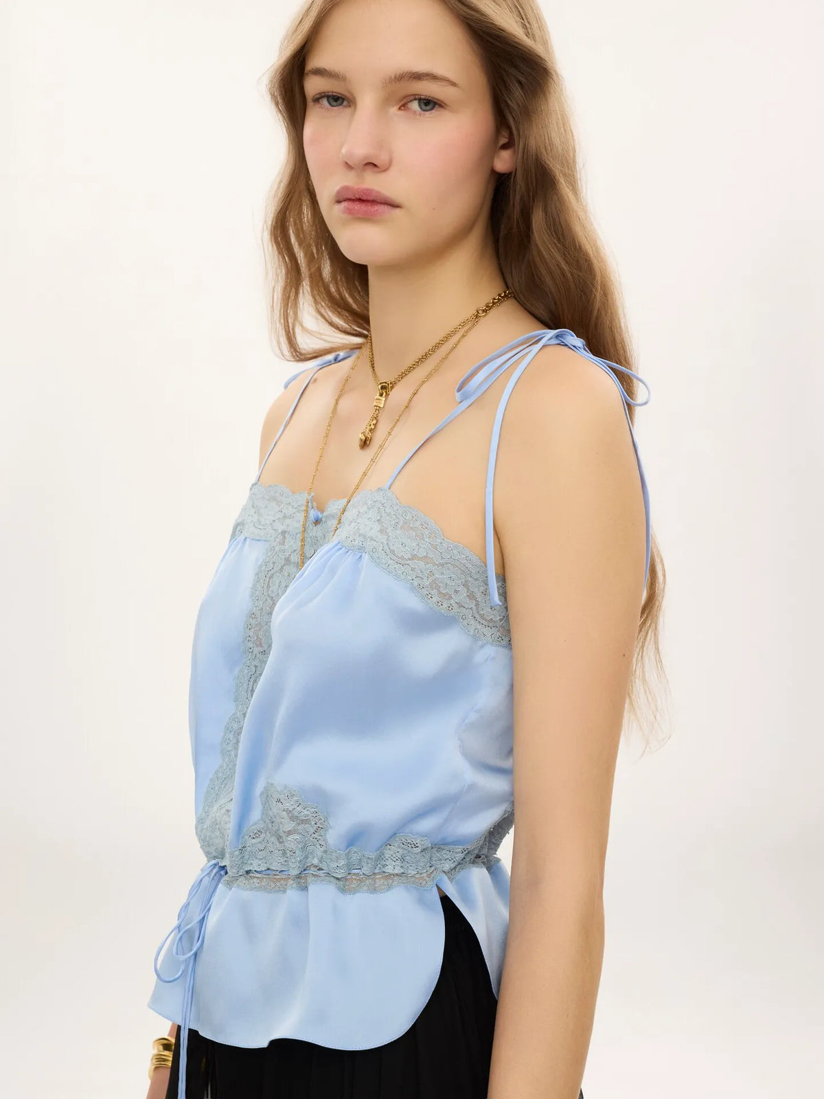 Drawstring camisole top in washed silk satin & lace