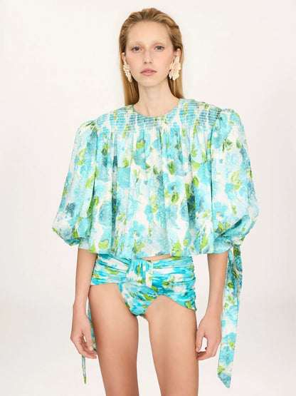 Gathered cropped top in silk jacquard