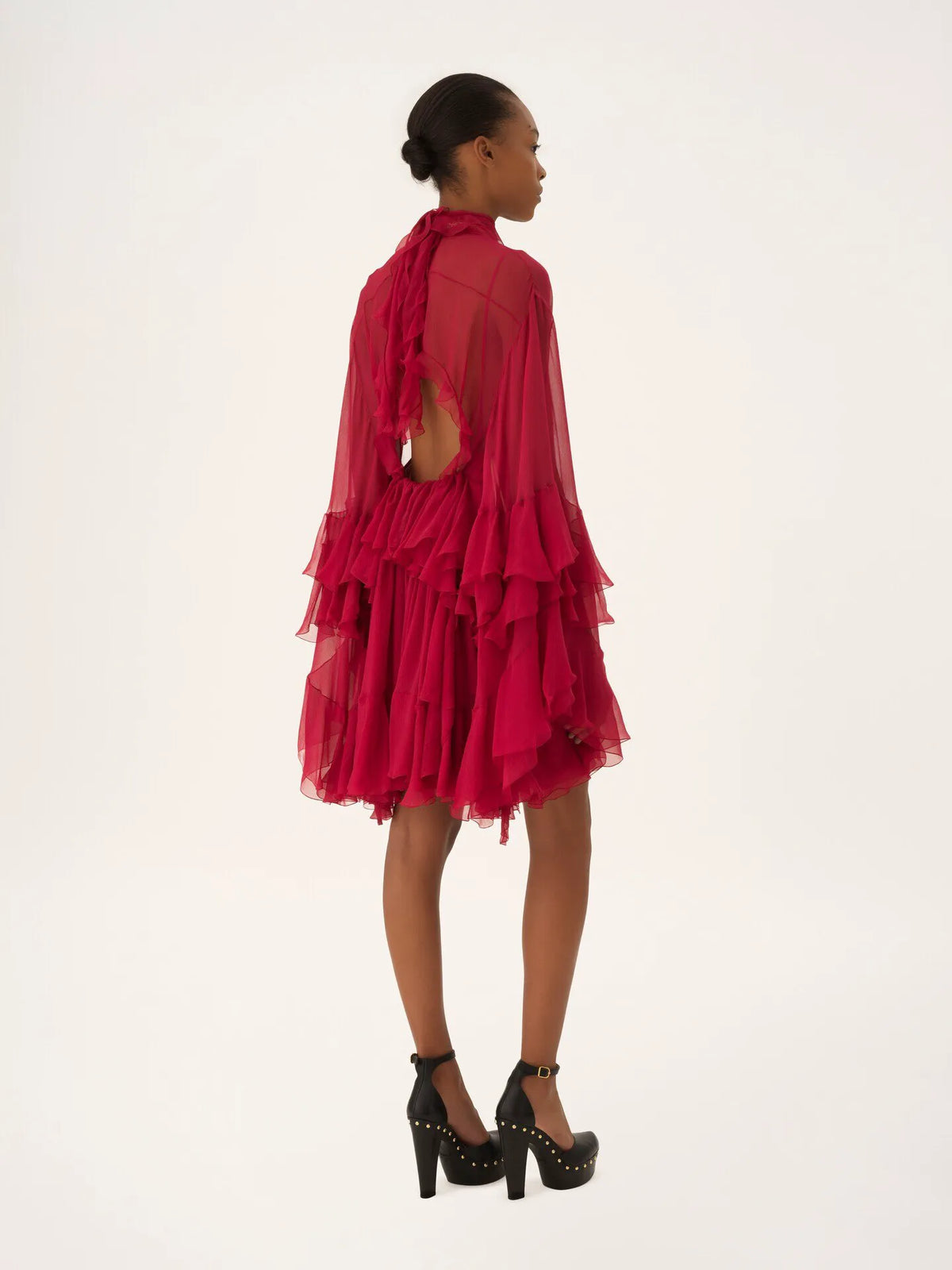 Ruffled mini dress in silk mousseline