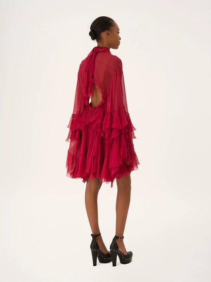 Ruffled mini dress in silk mousseline