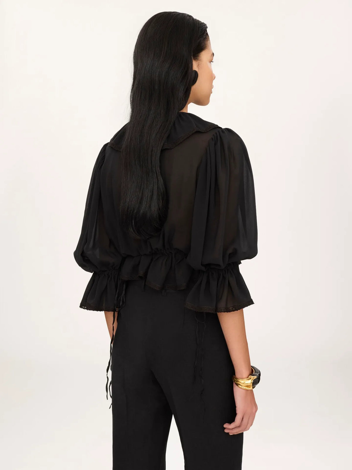 Cropped V-neck ruffle top in silk georgette & lace