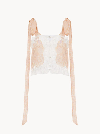 Knotted-strap cropped top in silk charmeuse & lace