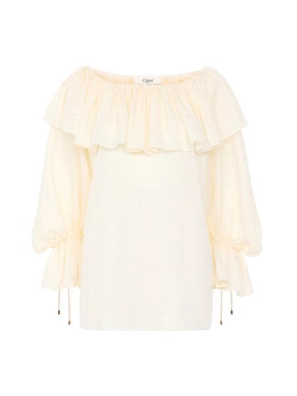 Fluid ruffle top in silk jacquard