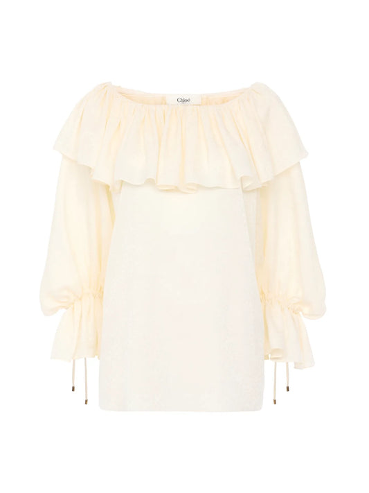Fluid ruffle top in silk jacquard