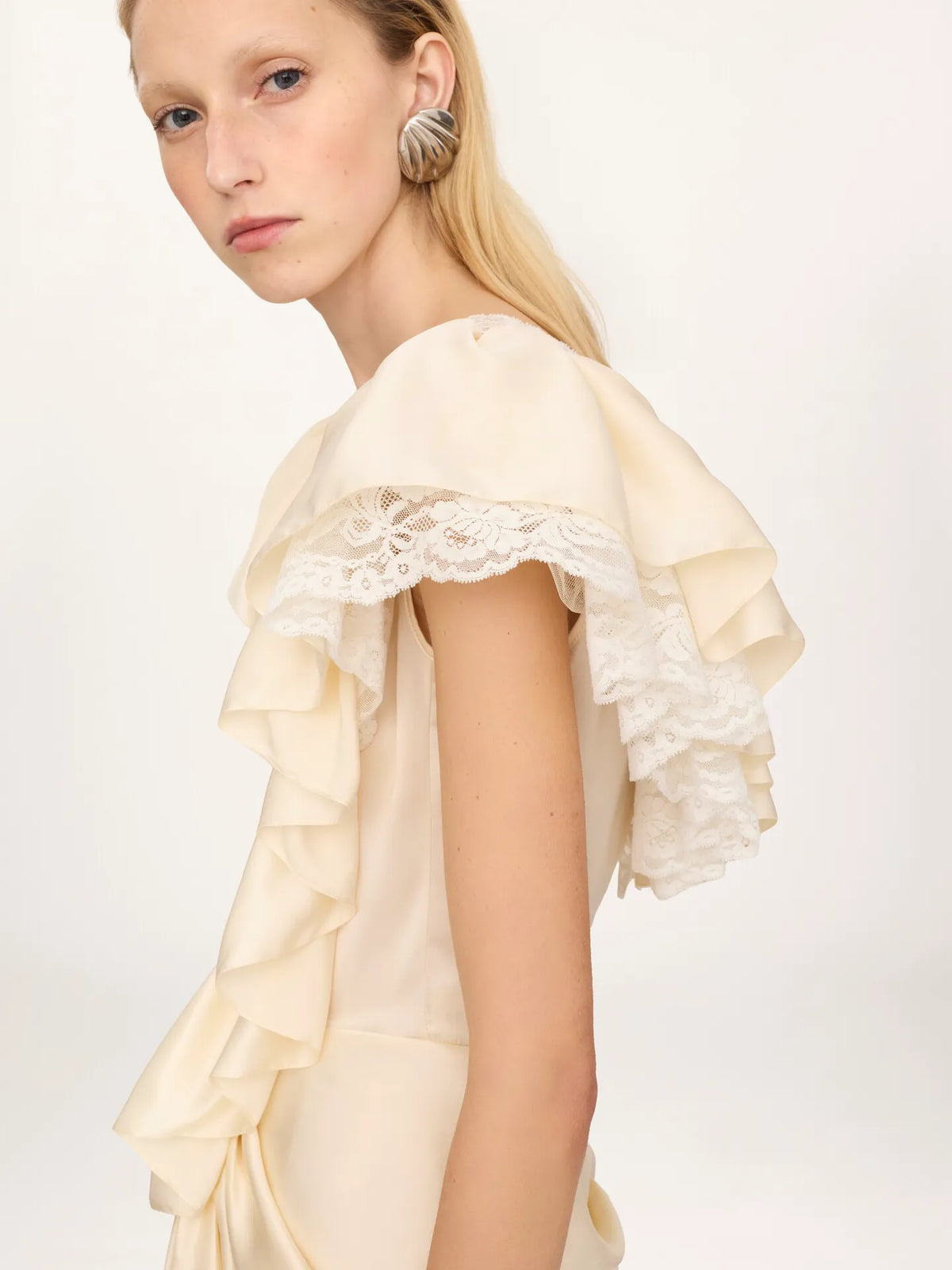 V-neck short jumpsuit in washed silk satin & lace