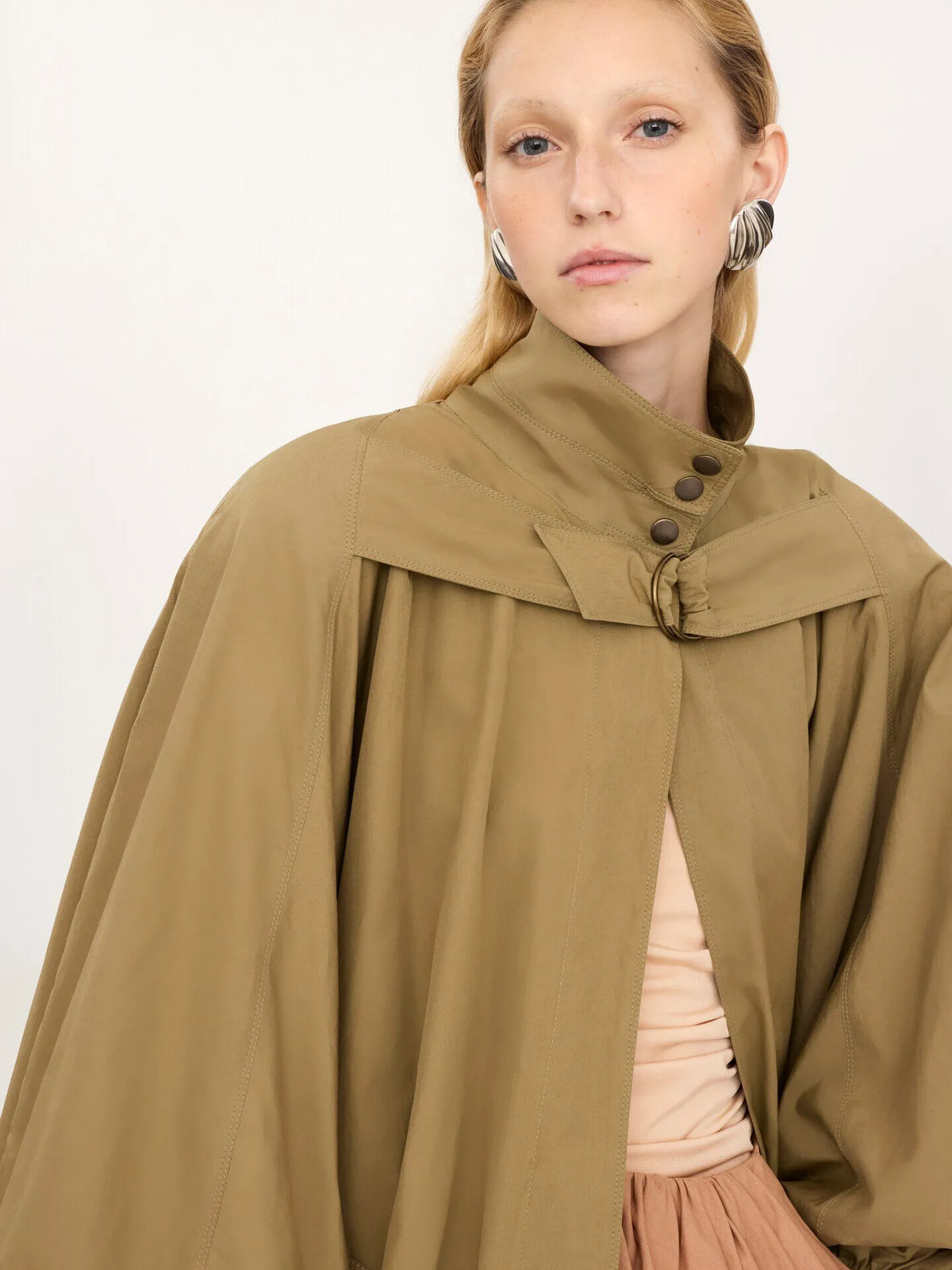 High-neck oversized cape coat in cotton poplin