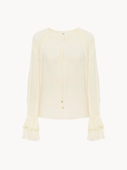 Gathered V-neck top in silk georgette