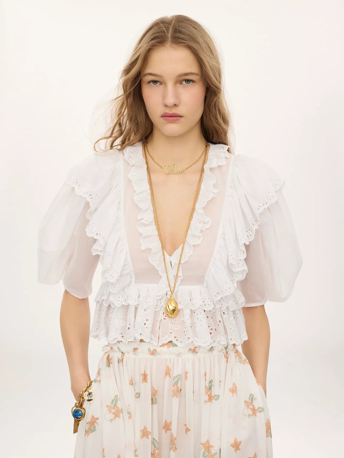 Cropped V-neck ruffle top in cotton voile