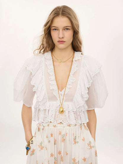 Cropped V-neck ruffle top in cotton voile