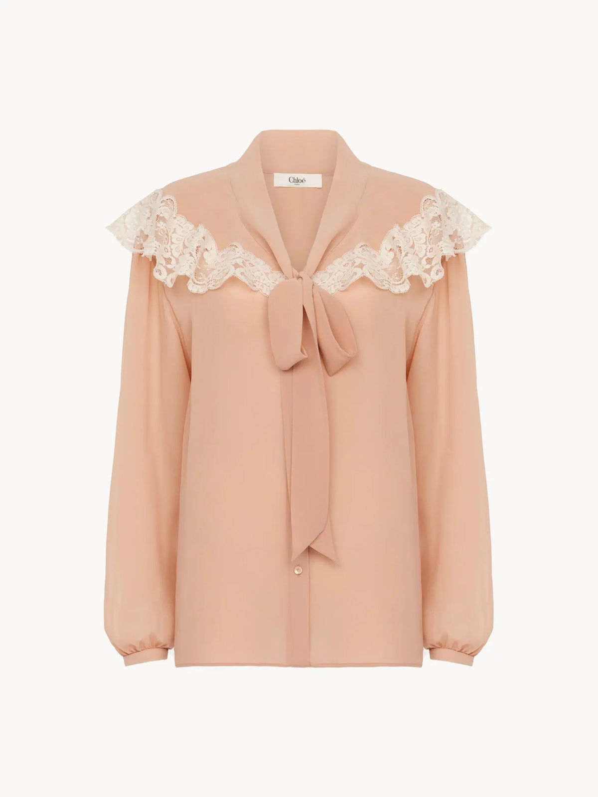 Tie-front gathered blouse in silk georgette & lace