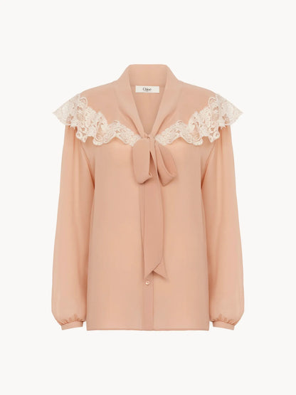 Tie-front gathered blouse in silk georgette & lace