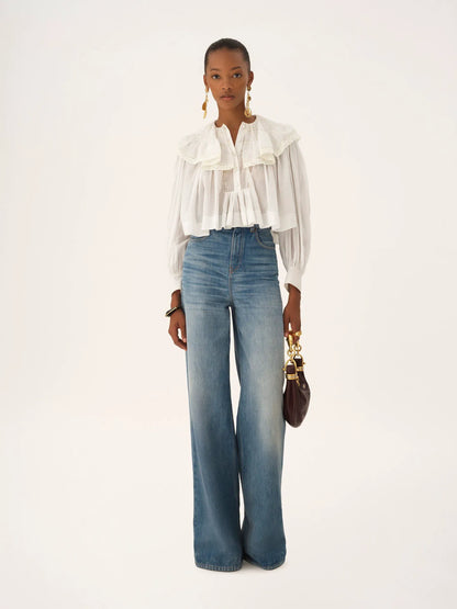 Cropped ruffle top in cotton voile & lace