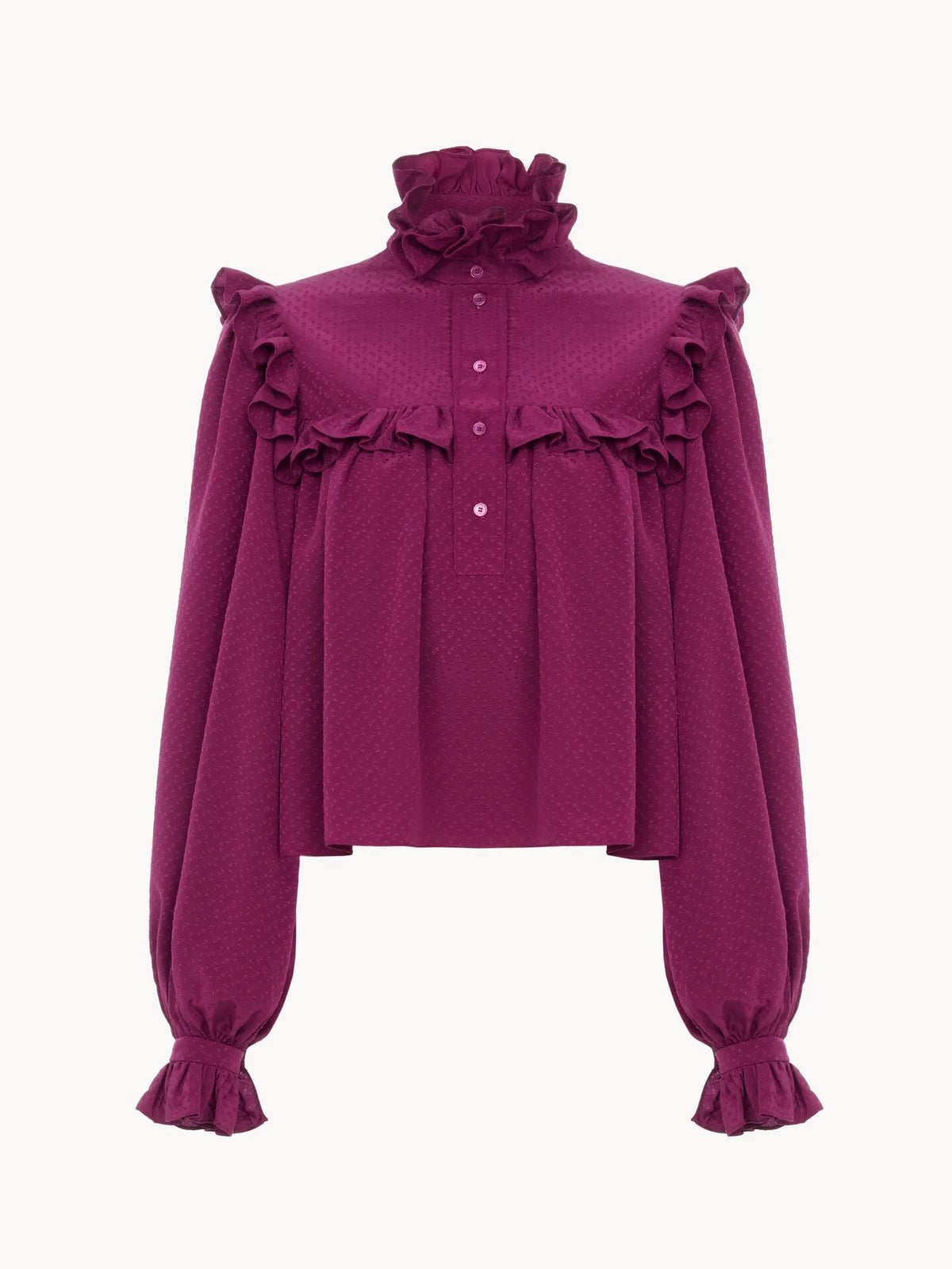 Ruffled high-neck top in silk jacquard
