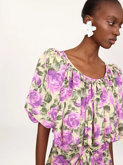 Puff-sleeve cropped top in silk jacquard