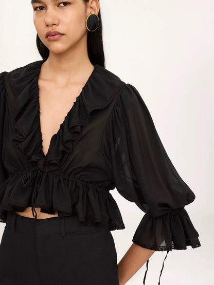Cropped V-neck ruffle top in silk georgette & lace