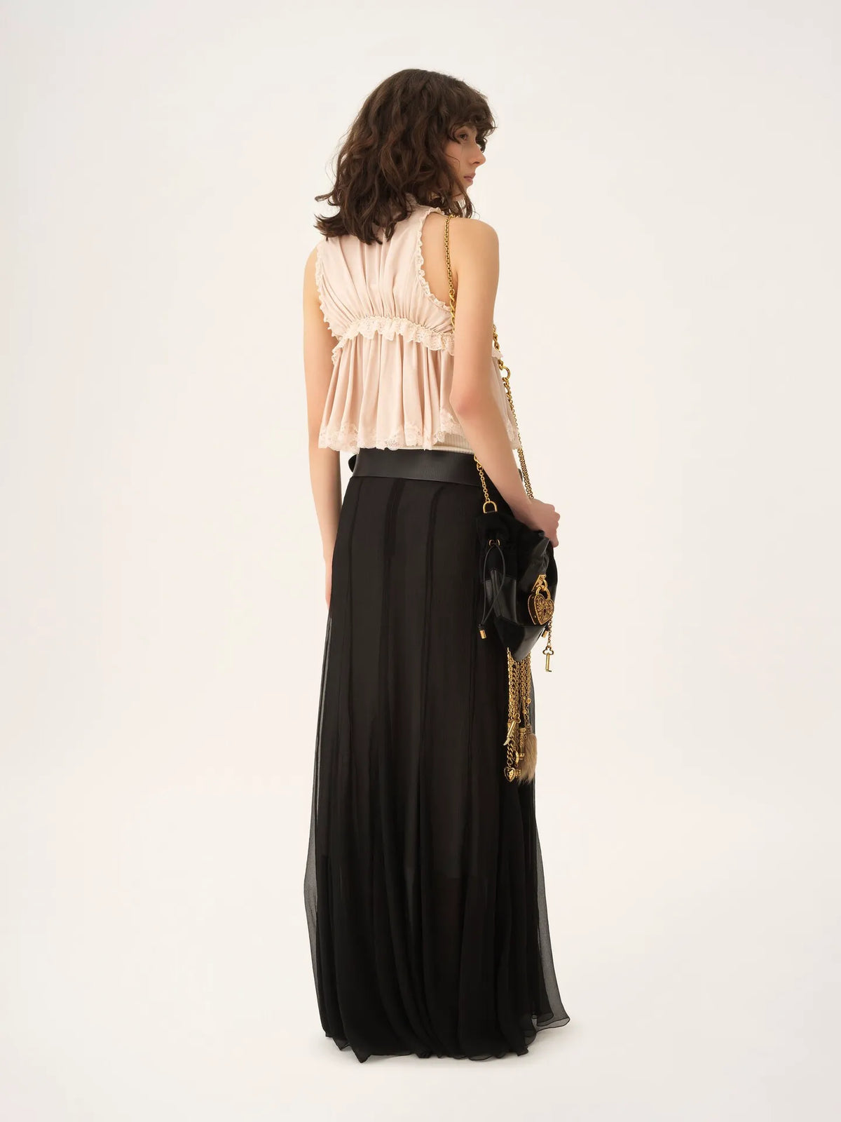 Tie-front sleeveless top in washed silk satin & lace