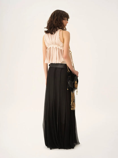 Tie-front sleeveless top in washed silk satin & lace