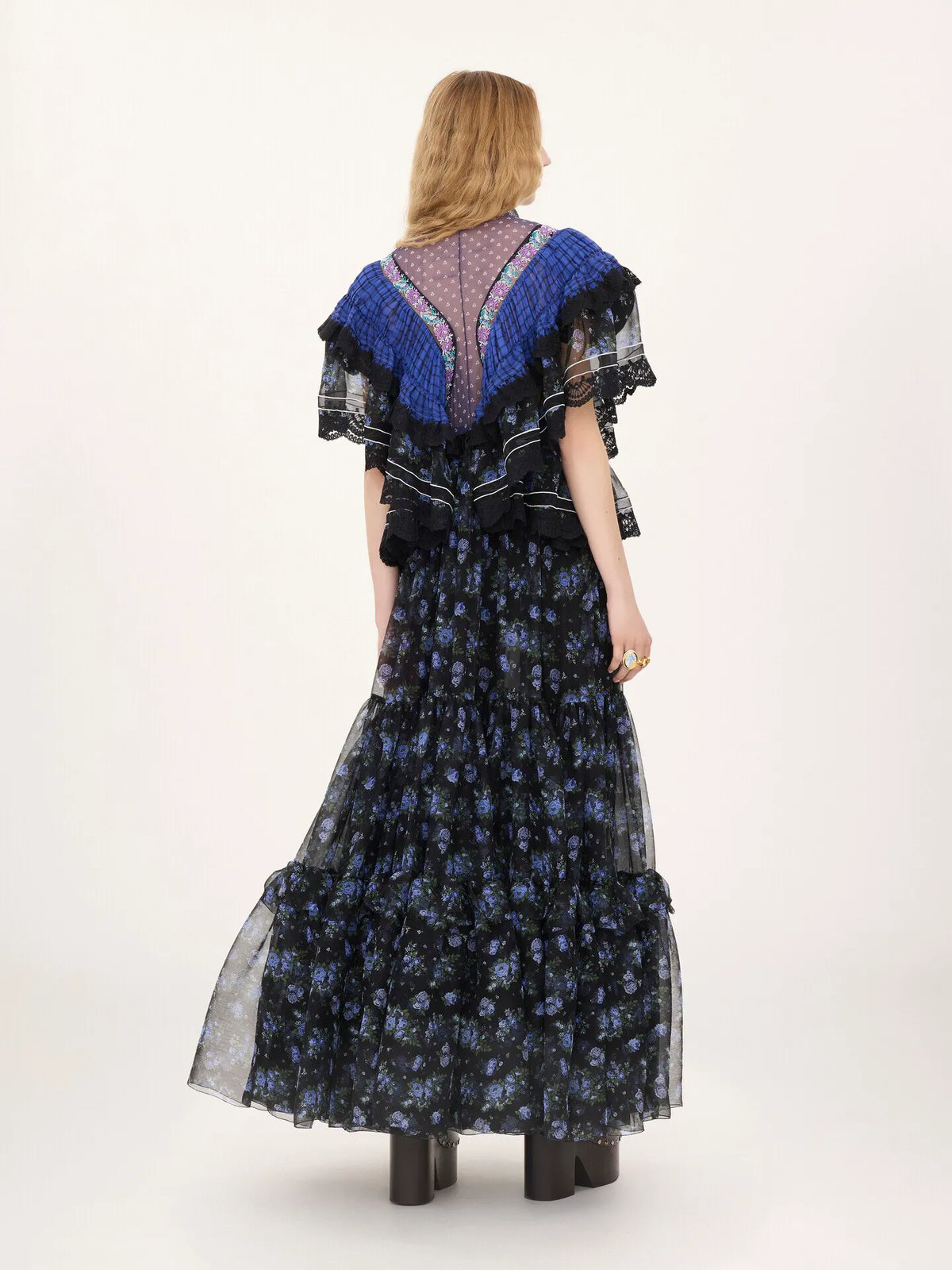Ruffled long dress in silk mousseline & lace