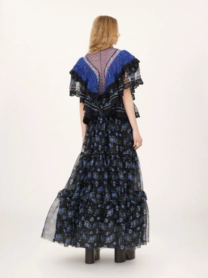Ruffled long dress in silk mousseline & lace