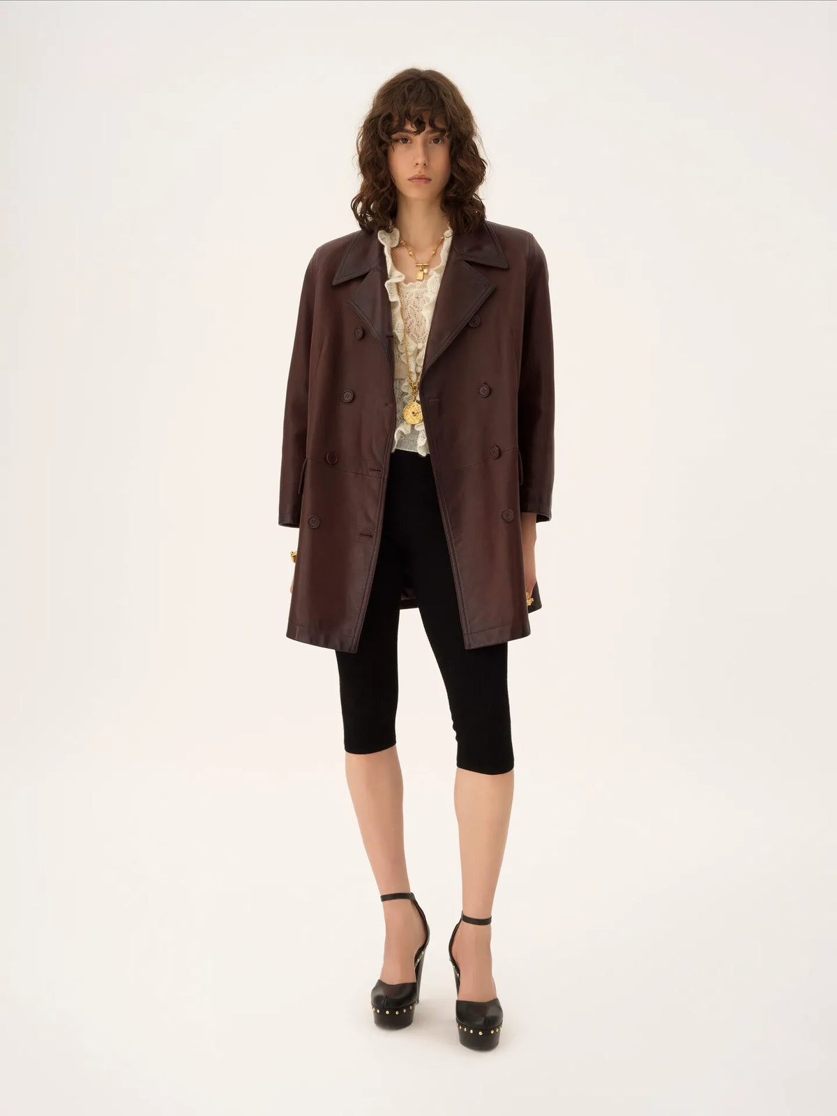 Double-breasted carcoat in leather