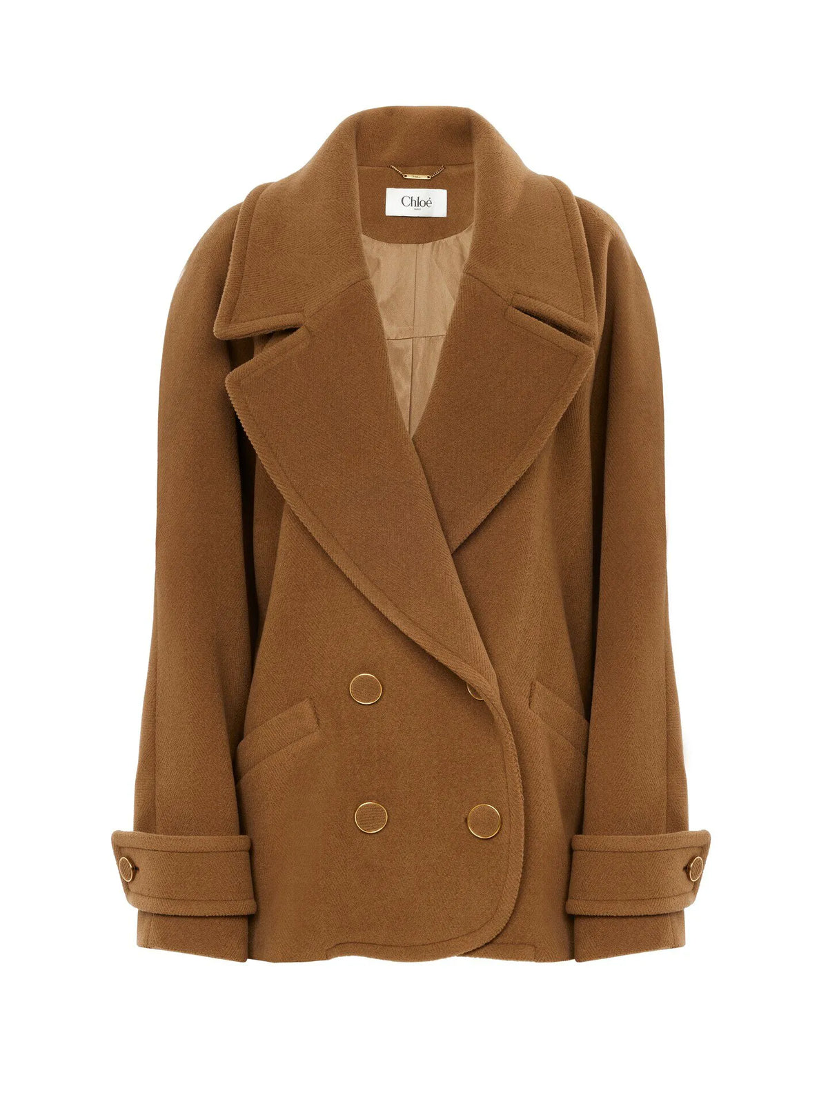 Double-breasted short coat in herringbone wool
