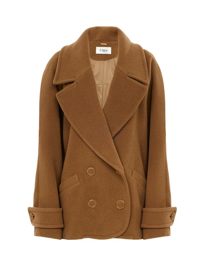 Double-breasted short coat in herringbone wool