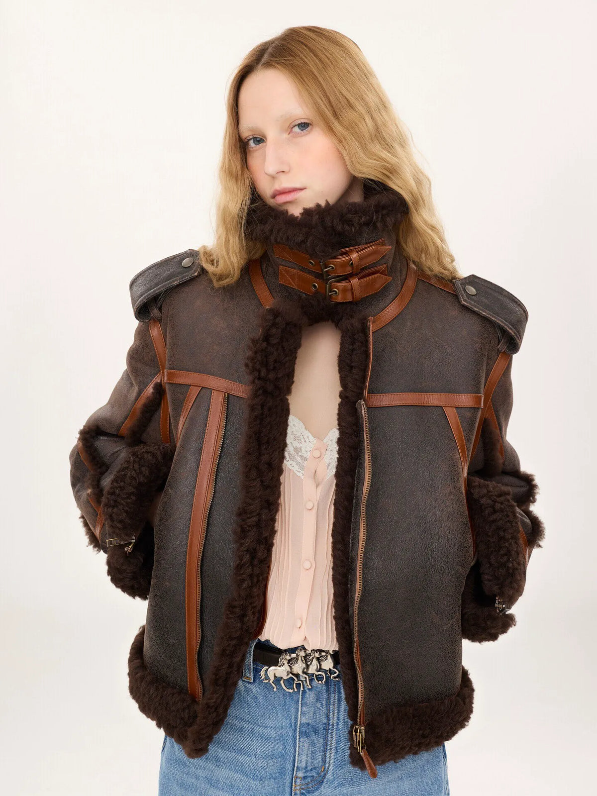 High-neck jacket in shearling