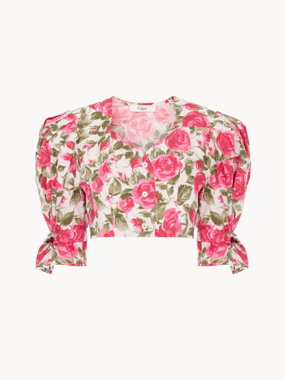 Puff-sleeve cropped top in cotton poplin