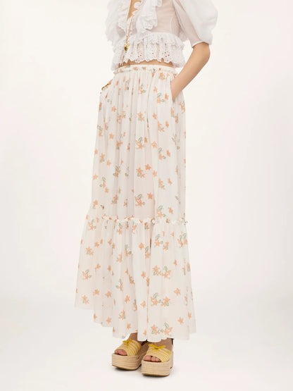 Gathered long skirt in silk charmeuse