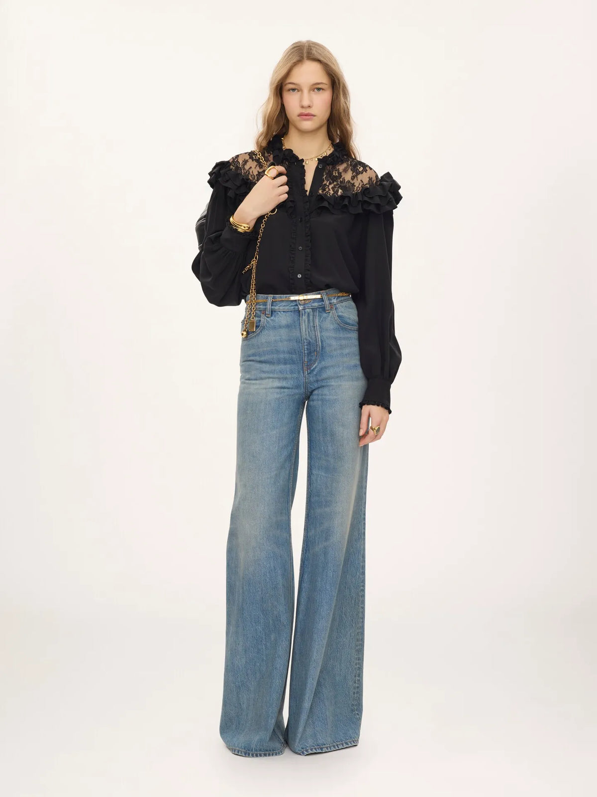 High-neck ruffled blouse in crêpe de chine & lace