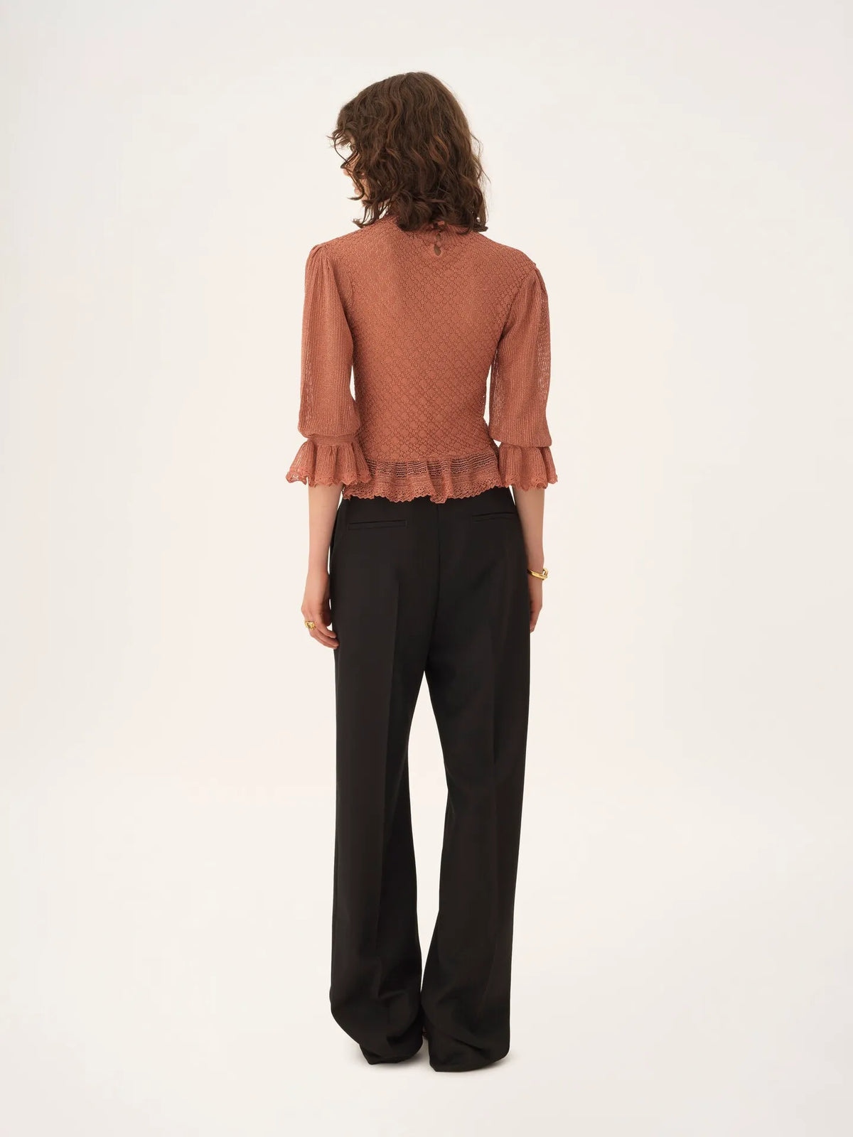 Ruffled puff-sleeve sweater in a lurex knit