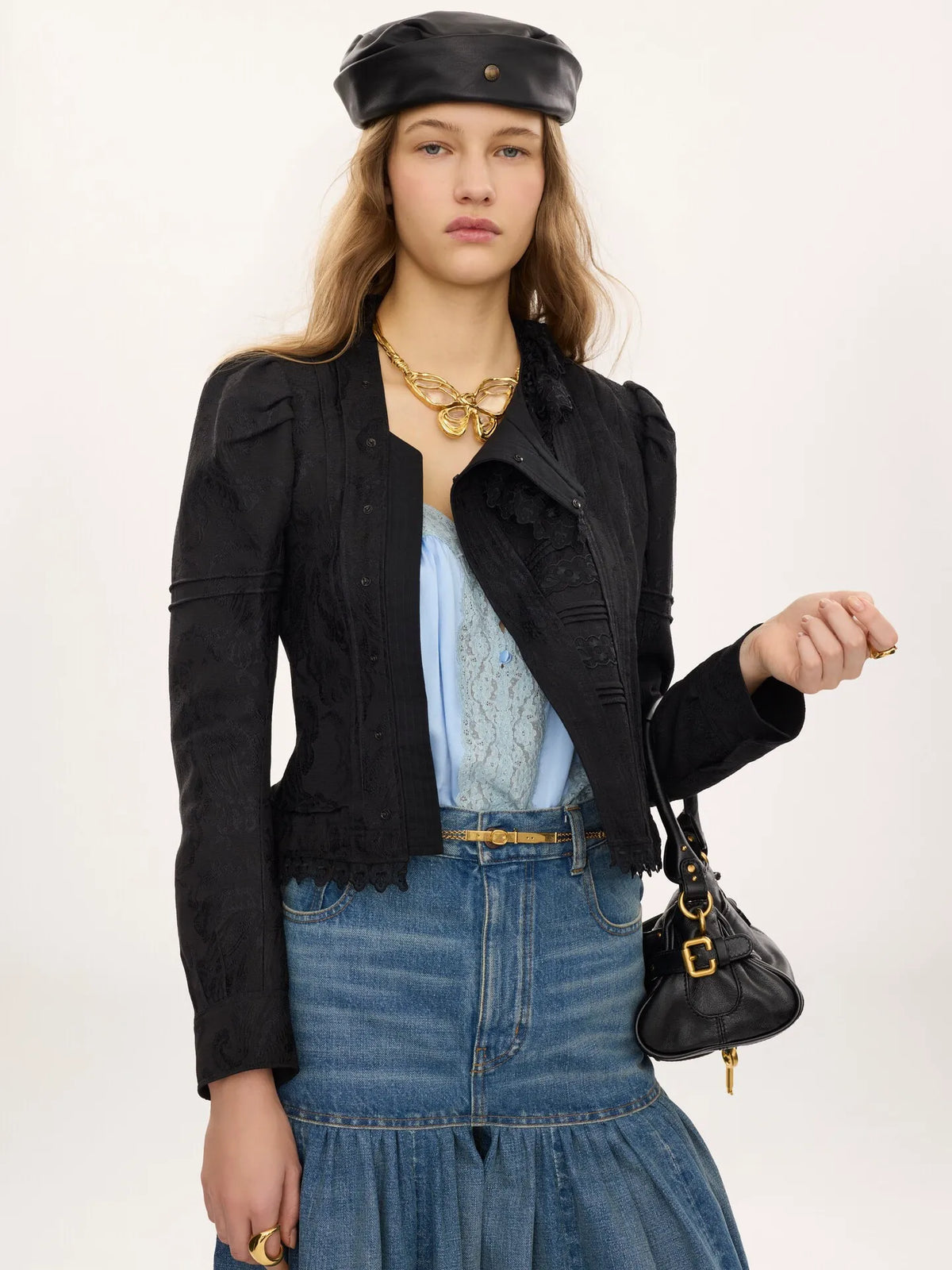 Fitted jacket in silk-blend jacquard & lace