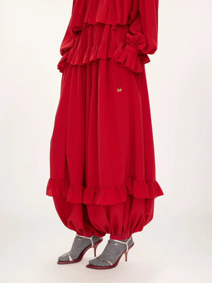 Fluid ruffled pants in silk jacquard