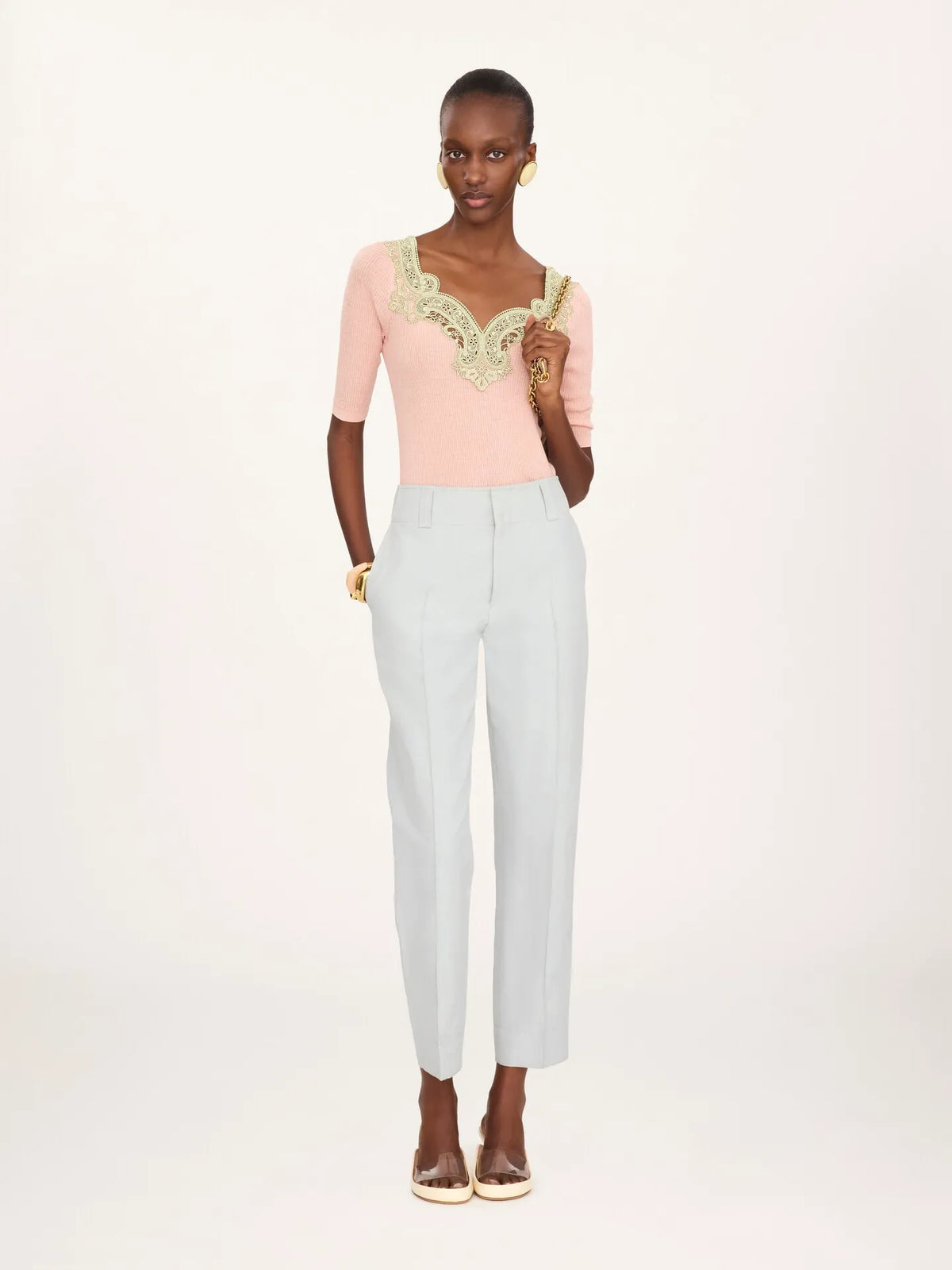 Elbow-sleeve fitted sweater in a wool knit & lace