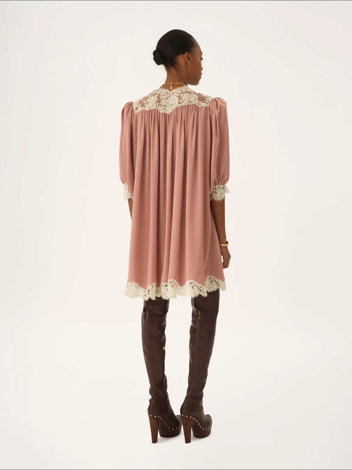 Gathered V-neck mini dress in washed silk satin & lace