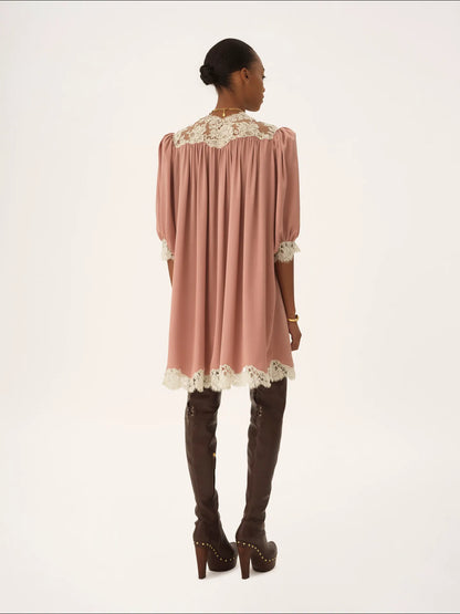 Gathered V-neck mini dress in washed silk satin & lace
