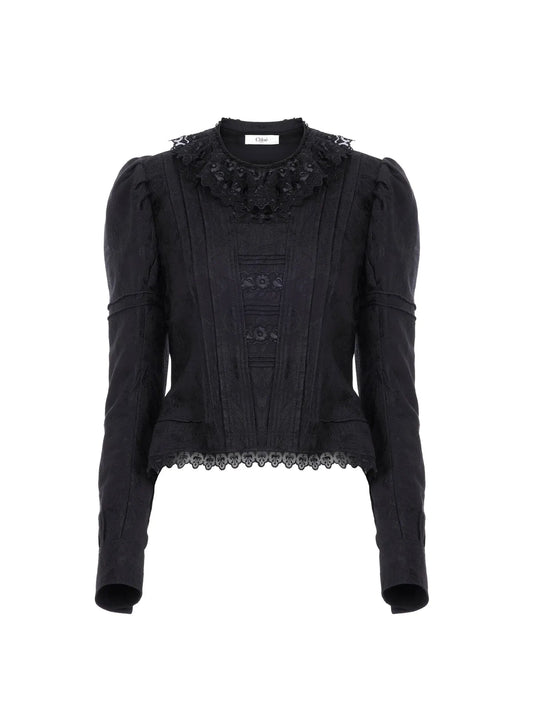 Fitted jacket in silk-blend jacquard & lace