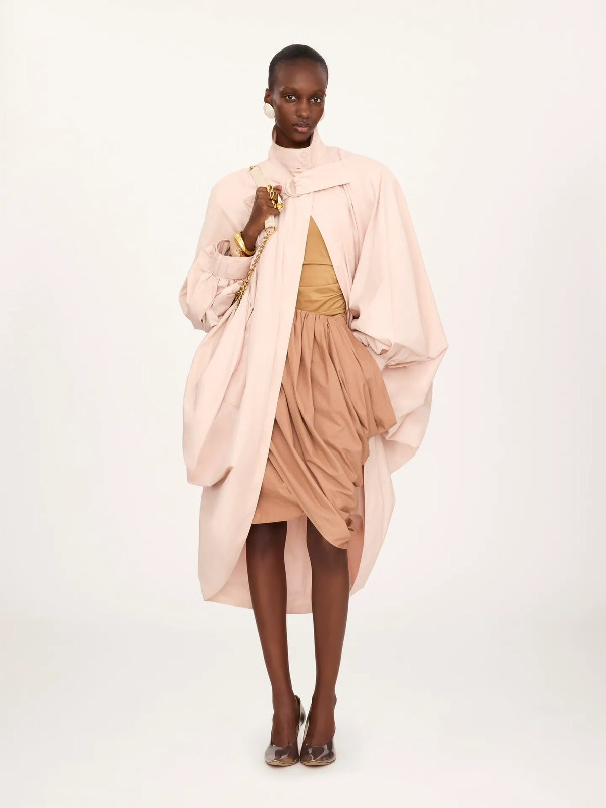 High-neck oversized cape coat in cotton poplin