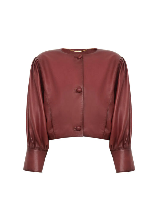 Cropped collarless jacket in leather
