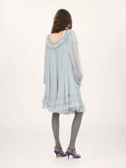 Gathered mini dress in silk mousseline